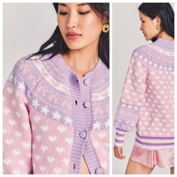 LoveShackFancy Amalo Pink & Purple Heart Boyfriend Cardigan Sweater - Picture 2 of 10